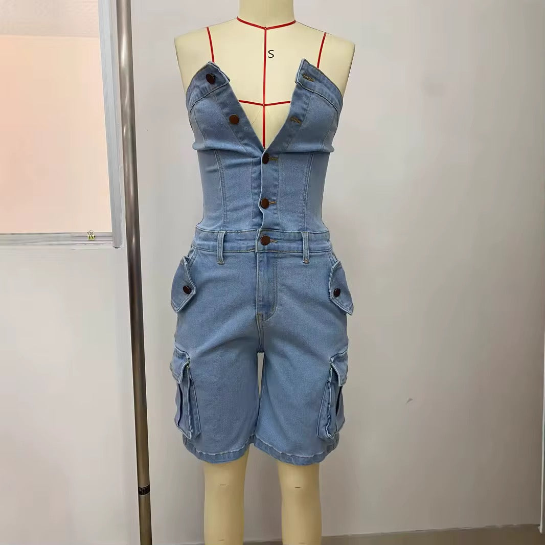 Denim Daze Strapless Cargo Romper