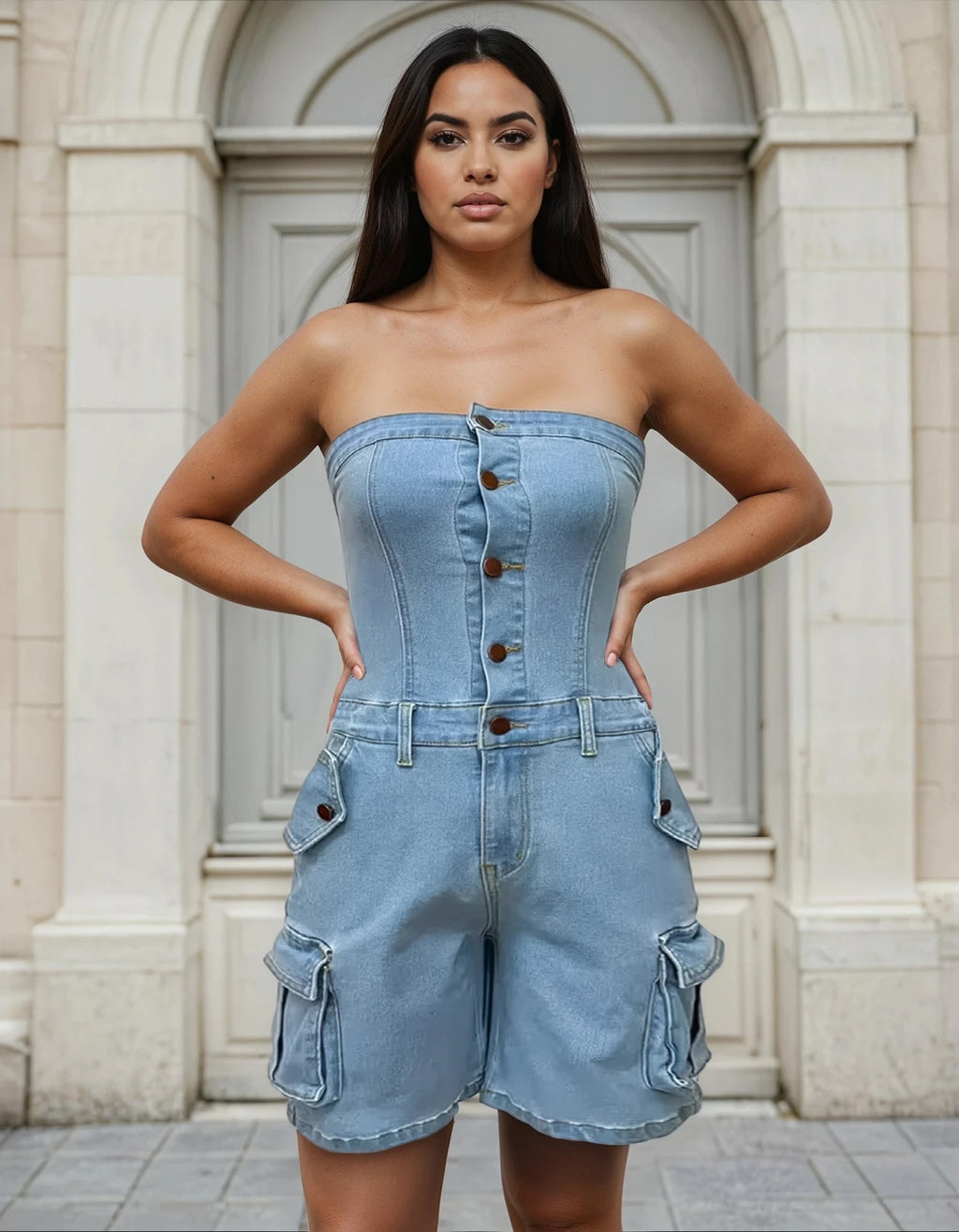 Denim Daze Strapless Cargo Romper