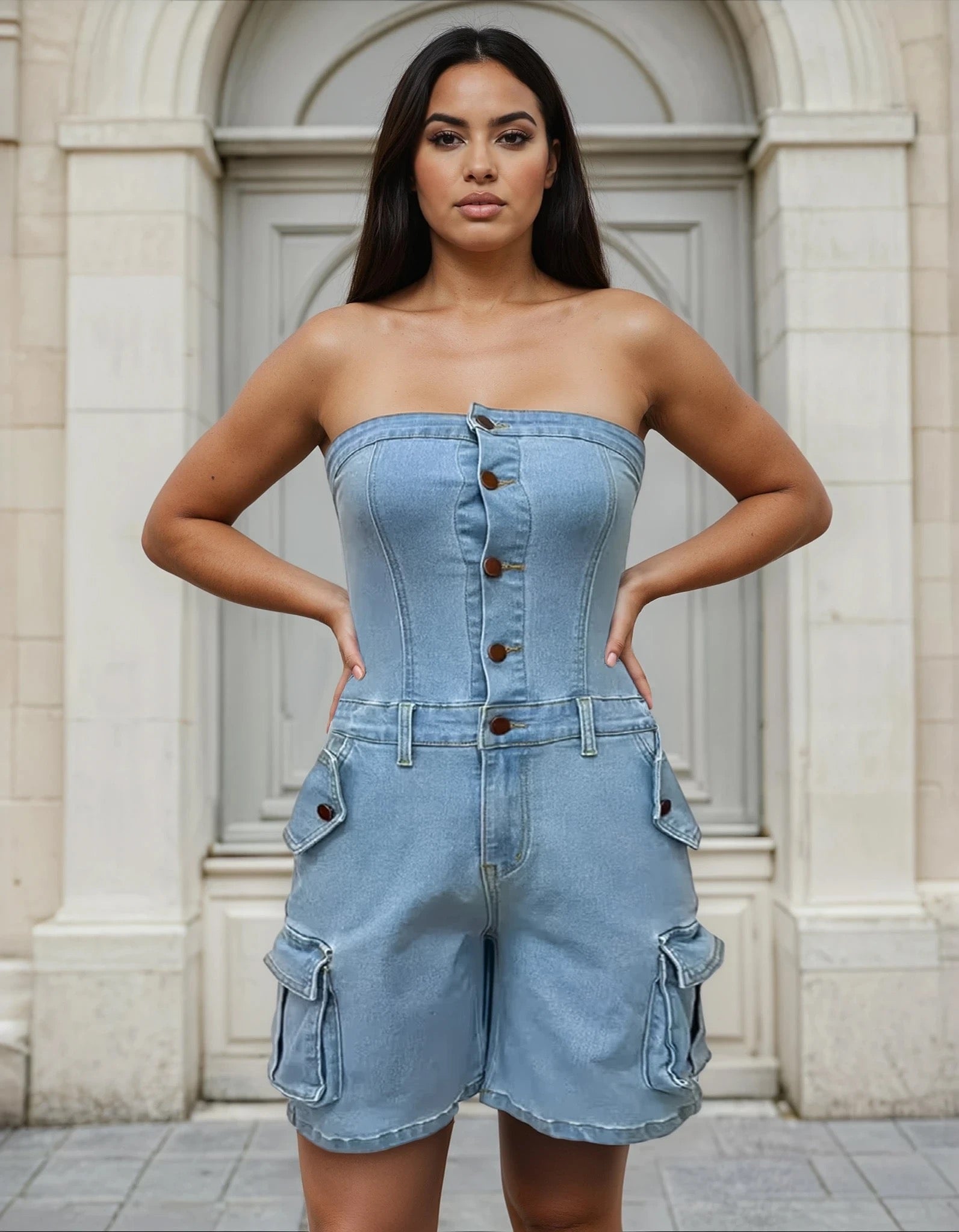 Denim Daze Strapless Cargo Romper