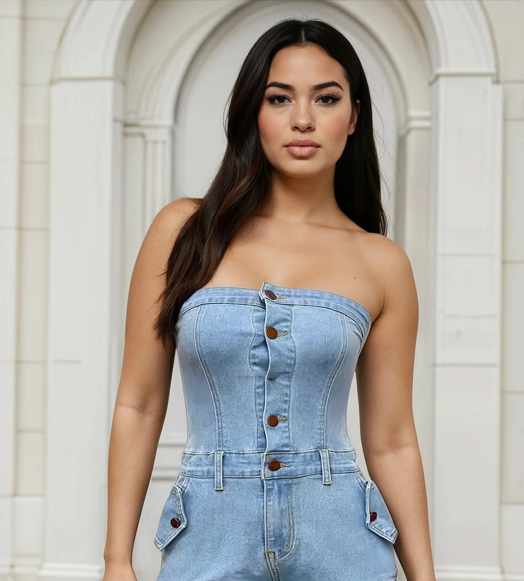 Denim Daze Strapless Cargo Romper