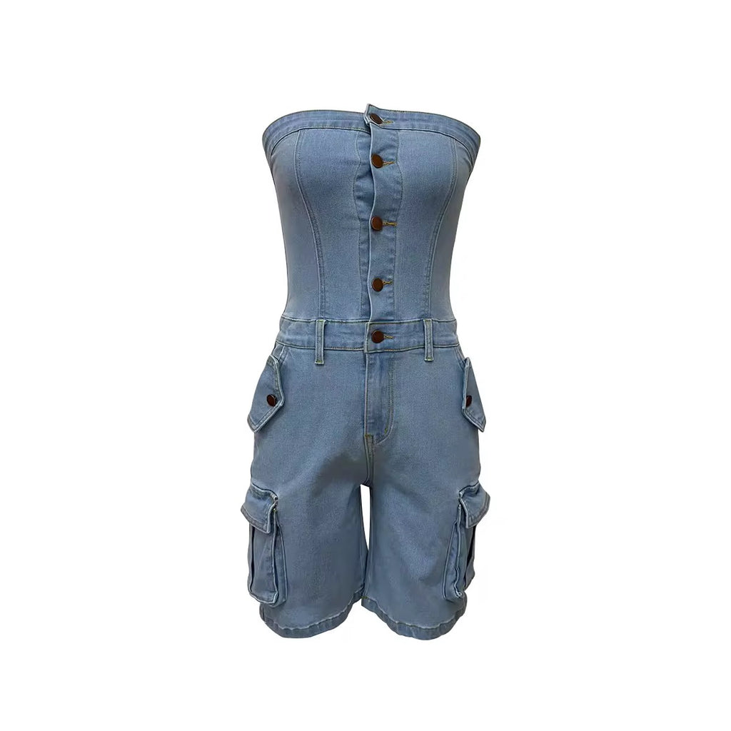 Denim Daze Strapless Cargo Romper