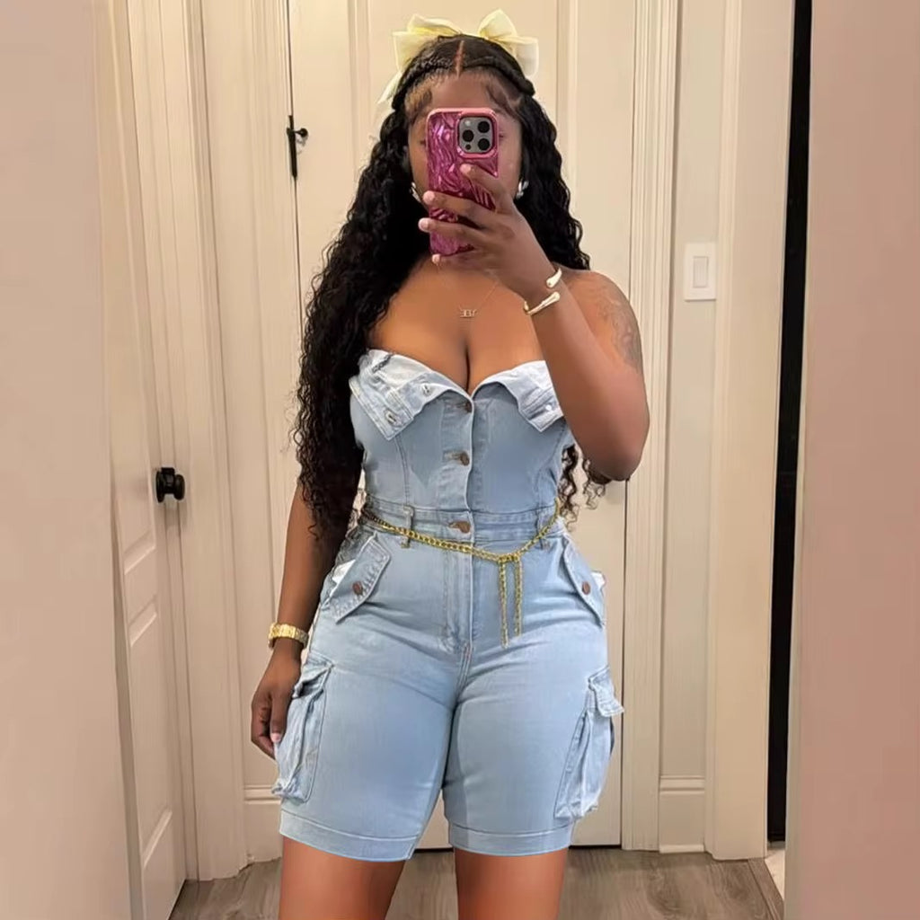 Denim Daze Strapless Cargo Romper