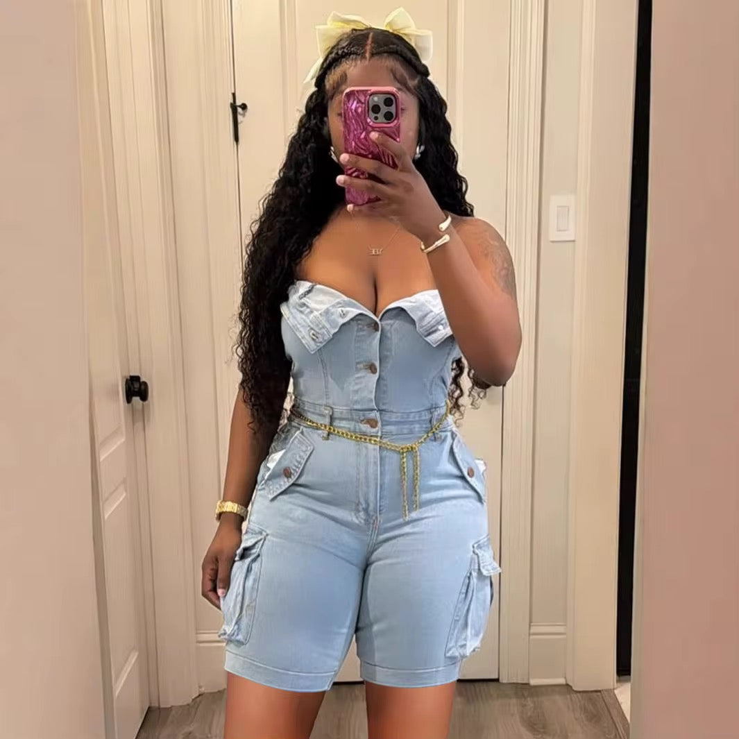 Denim Daze Strapless Cargo Romper
